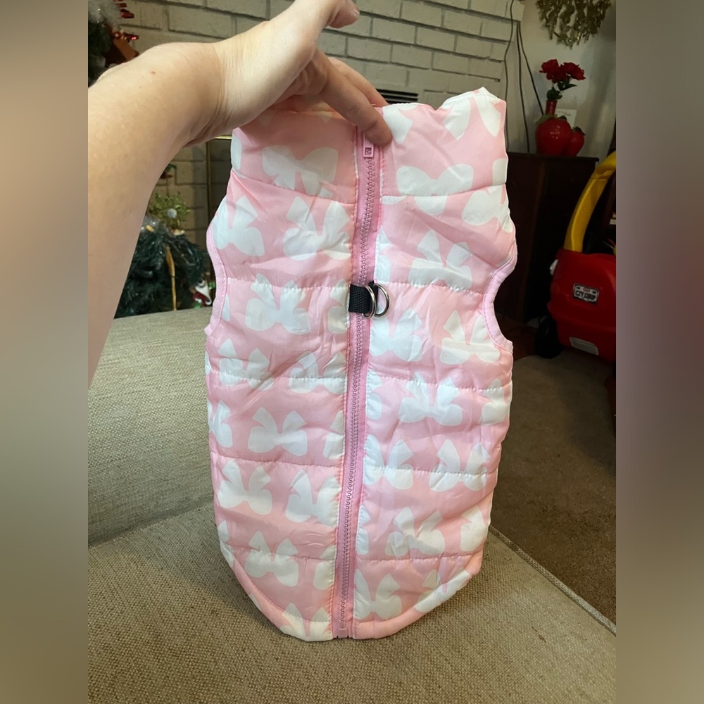 Pink and white bow puffer  dog vest